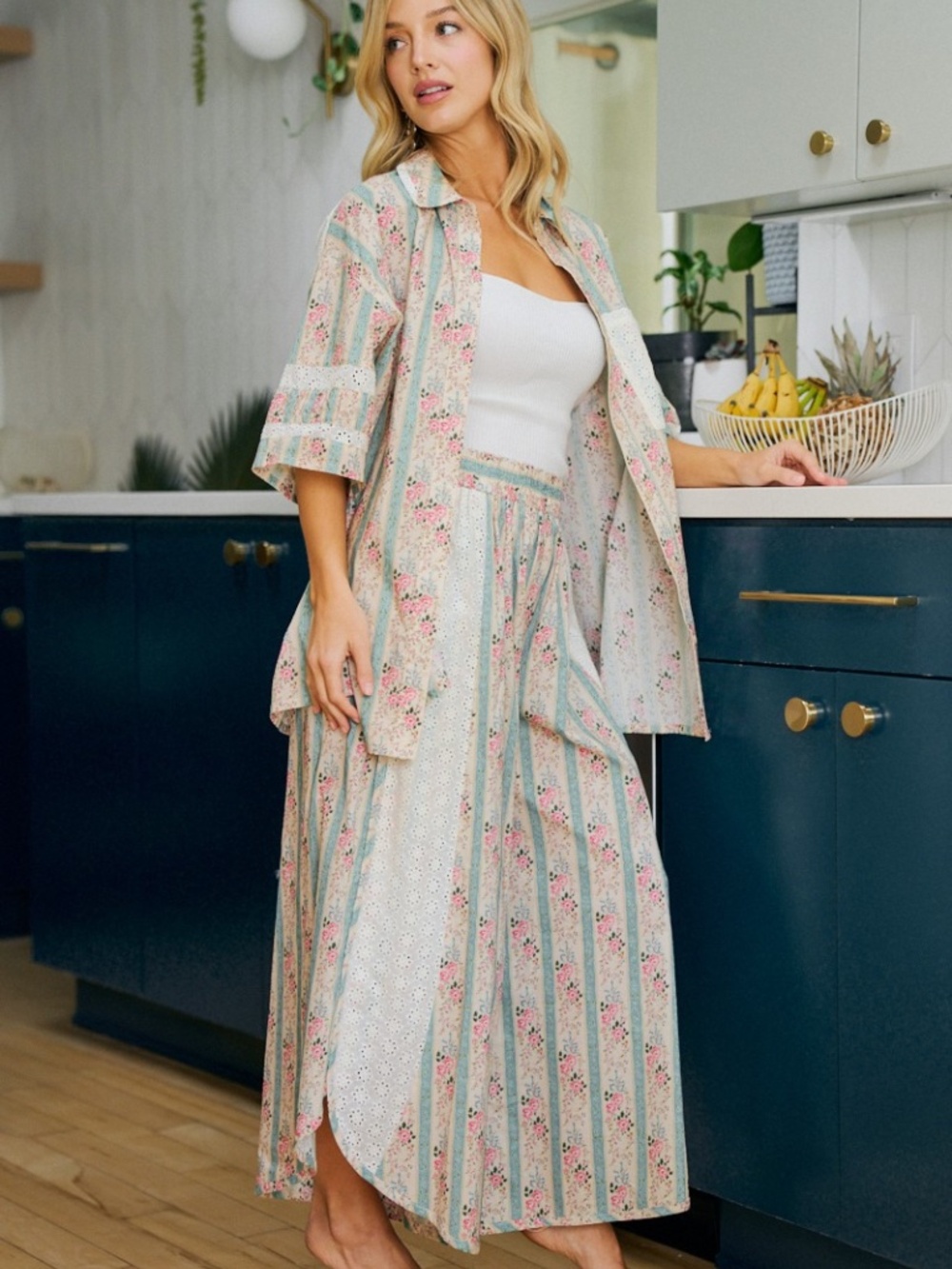 Bibi Floral Striped Print Eyelet Wide Leg Pants - Picture 6 of 12